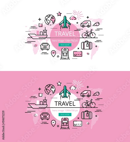 Travel. Flat line color hero images and hero banners design conc