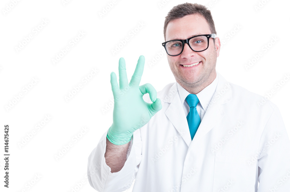 Male scientist smiling and showing okay gesture Male scientist smiling and showing okay gesture