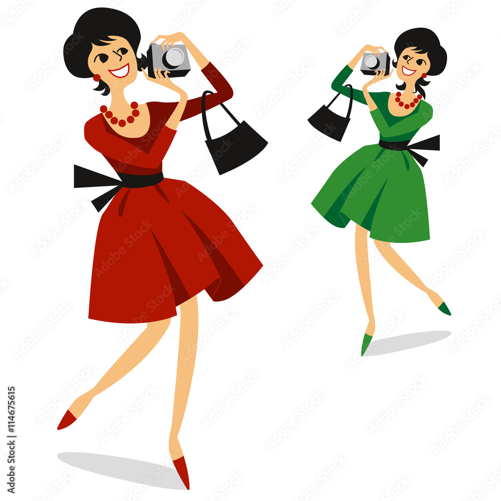 Smiling woman with photo camera. Vector illustration of girl taking a photo in red or green dress Smiling woman with photo camera. Vector illustration of girl taking a photo in red or green dress