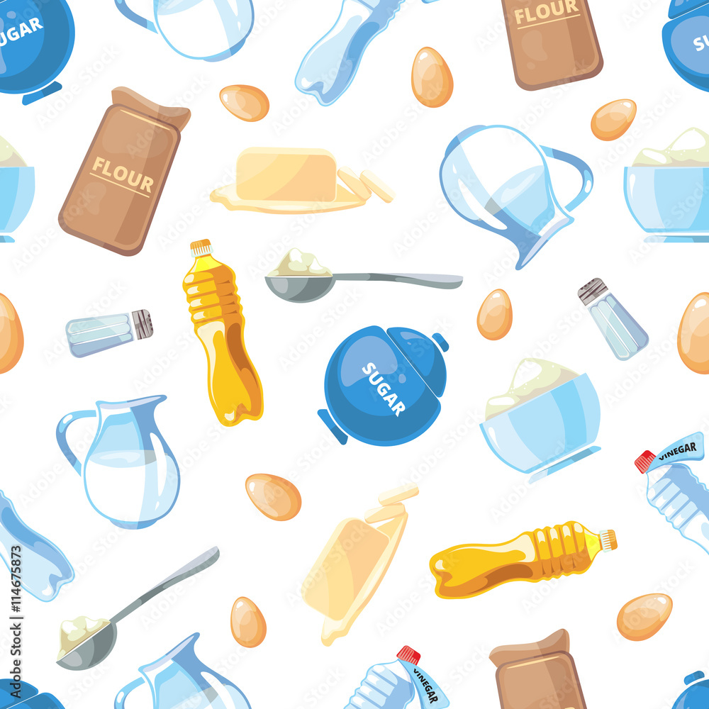 Cartoon baking ingredients seamless pattern. Component for baking, milk and sunflower oil. Background with ingredients to baking illustration Cartoon baking ingredients seamless pattern. Component for baking, milk and sunflower oil. Background with ingredients to baking illustration