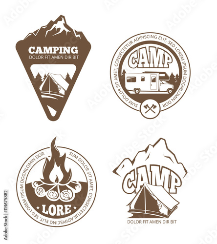 Hiking and camping retro vector labels, emblems, logos, badges. Emblem camping design with campfire, camping logo illustration