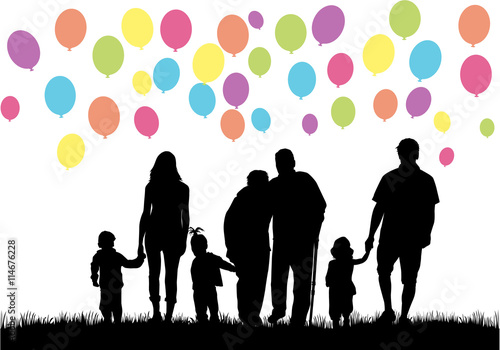 Silhouettes of family. Balloon background.
