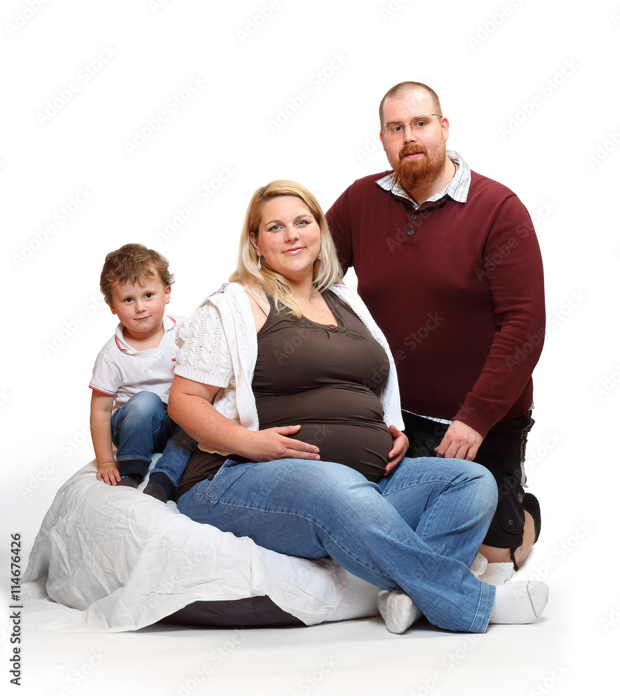 Overweight family. Healthy lifestyle concept. Children and adults on white background. Happy people together.