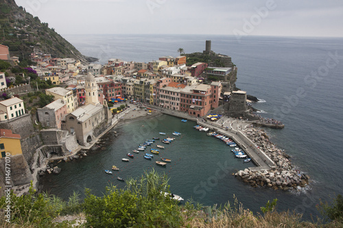 Vernazza harbour and beach, view from above.
