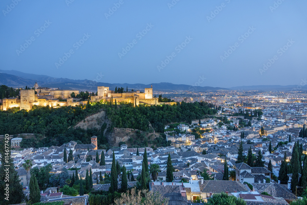 Ancient arabic fortress of Alhambra at top of Granada, Spain.