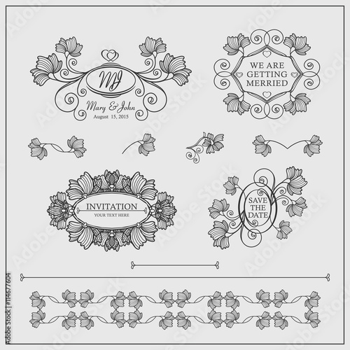 Set of loral invitation cards and design elements.
