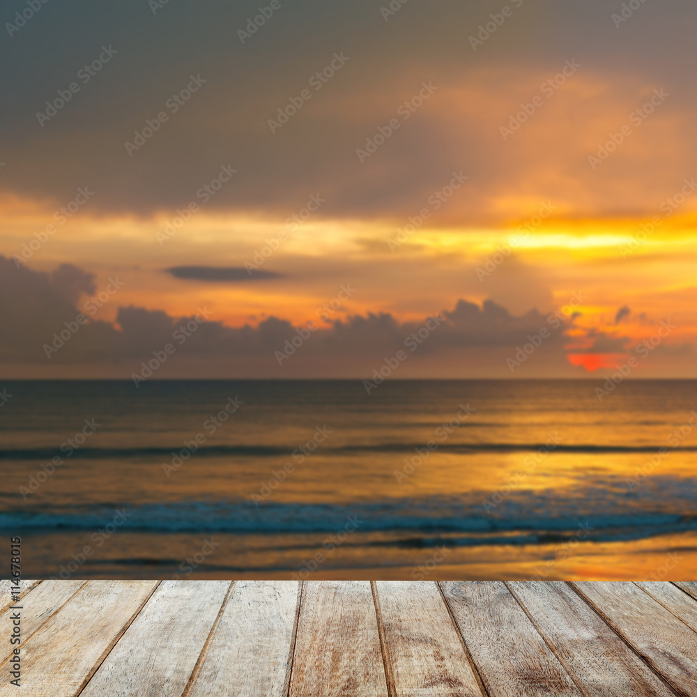 Wood Terrace on The Beach with Sunset