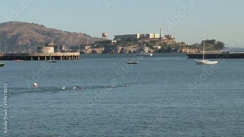 People swimming in front of Alcatraz, San Francisco