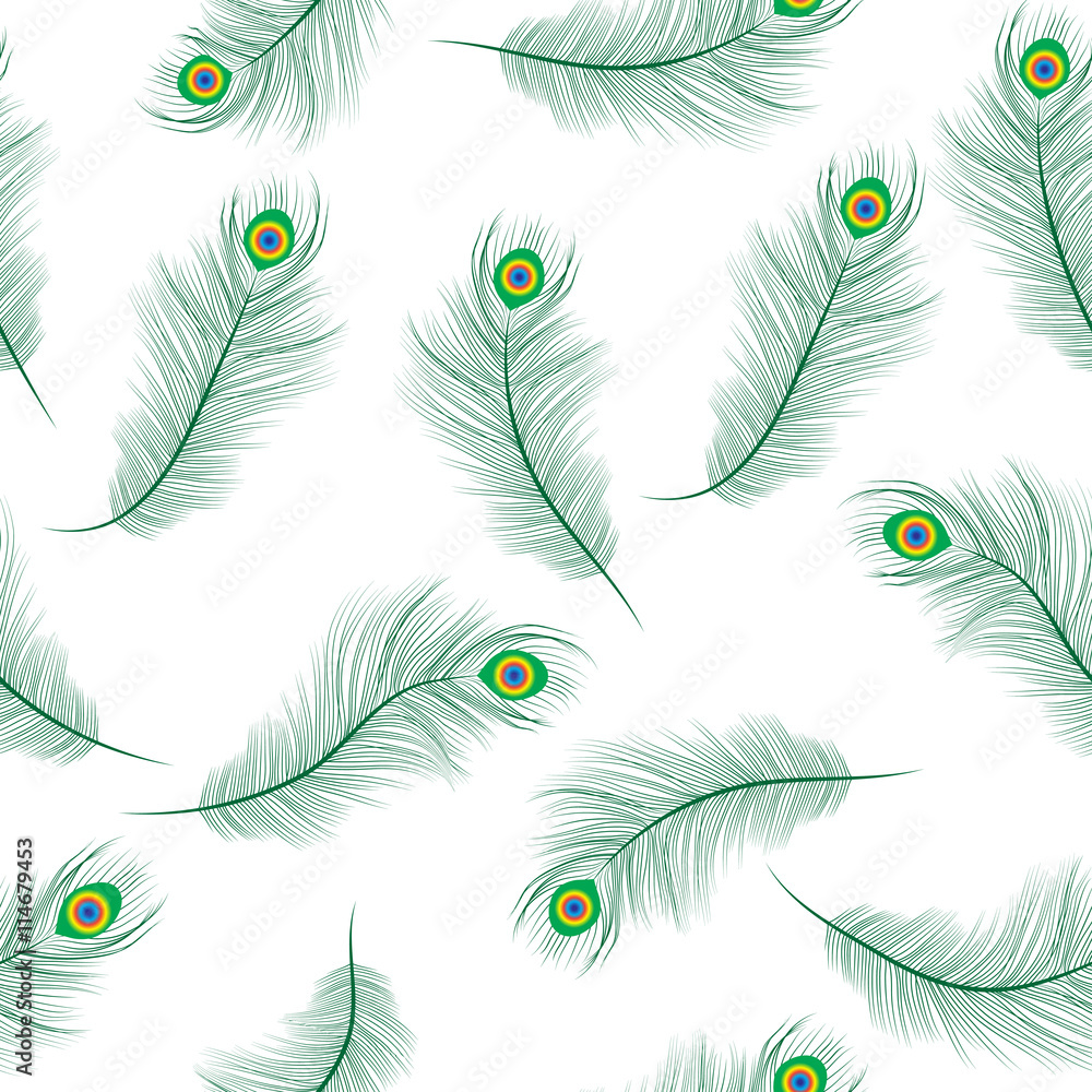 Obraz premium Peacock feather seamless texture, peacock feathers background. Feathers of a peacock wallpaper. Vector illustration.