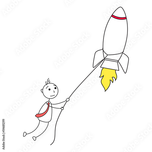 Cartoon stick man catching a rocket with lasso