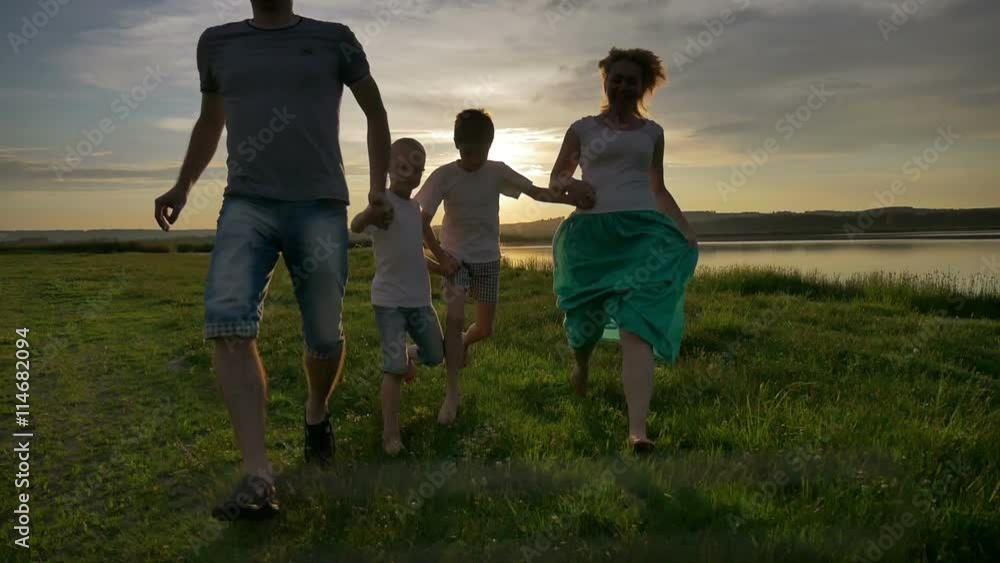 Family Walking Beach Sunset Travel Holiday Concept Family Walking Beach Sunset Travel Holiday Concept
