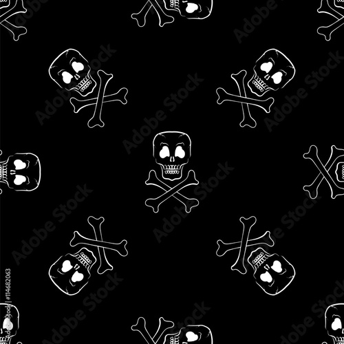 Skull Cross Bones Seamless Pattern. Skull Isolated on Dark