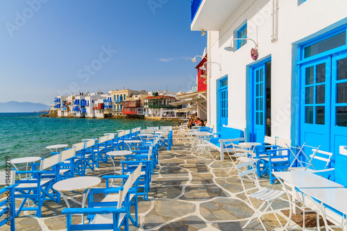 A view of restaurant in Little Venice part of Mykonos town, Mykonos island, Greece