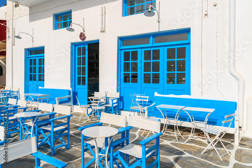Typical Greek tavern in Little Venice, a part of Mykonos town on island of Mykonos, Greece © pkazmierczak