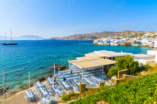 A view of coast and typical Greek tavern in Little Venice part of Mykonos town, Mykonos island, Greece