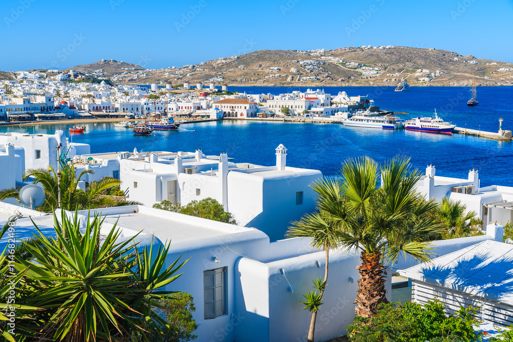 A view of Mykonos port and town, island of Mykonos, Cyclades, Greece