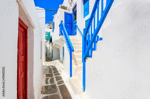 A view of whitewashed street in beautiful Mykonos town, Cyclades islands, Greece