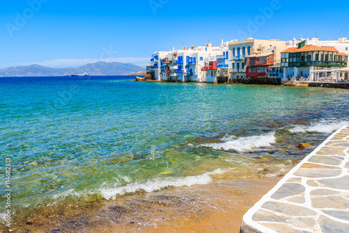 A view of sea bay with Little Venice colorful houses in background, Mykonos, Cyclades islands, Greece