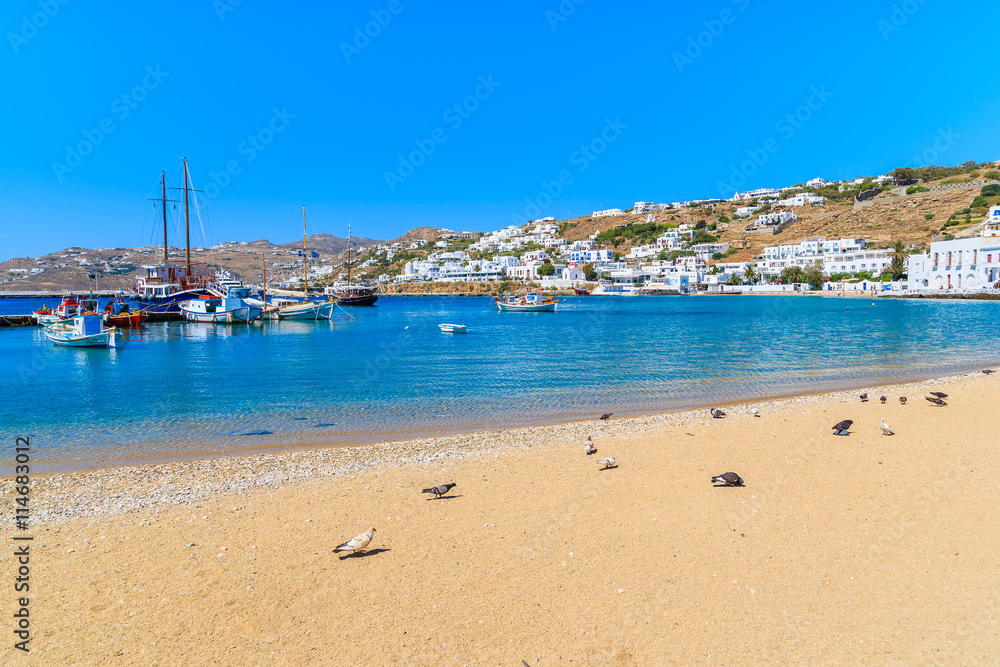 Sandy beach in Mykonos port, Cyclades islands, Greece