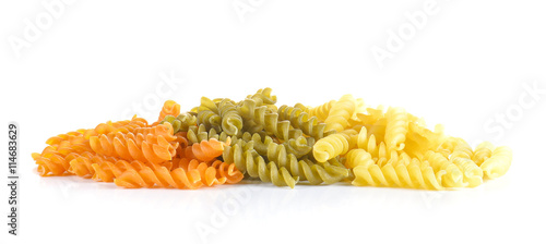 Mix Tomato,spinach pasta spiral on white background.