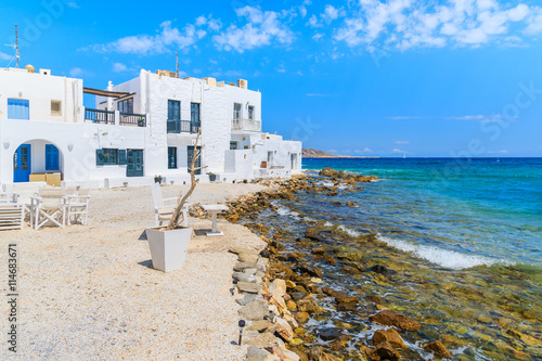 White houses of Naoussa village and beach view, Paros island, Cyclades, Greece