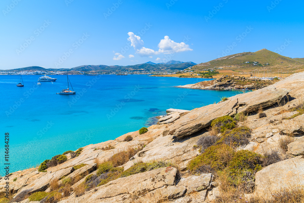 A view of beautiful Monastiri bay with turquoise sea water, Paros island, Greece