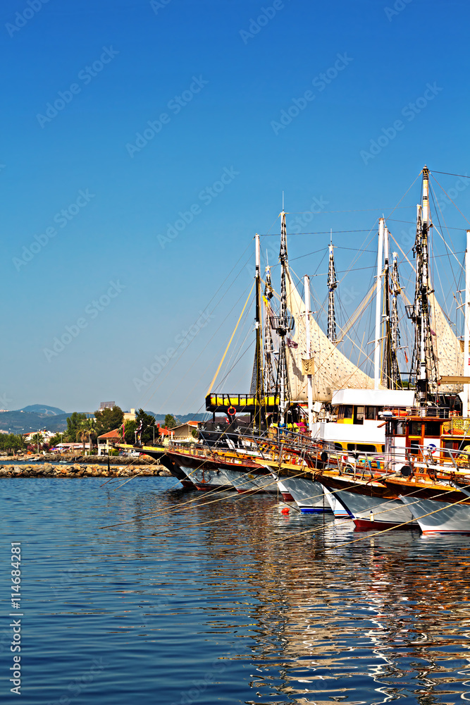 Turkish gulet cruise boats in harbor