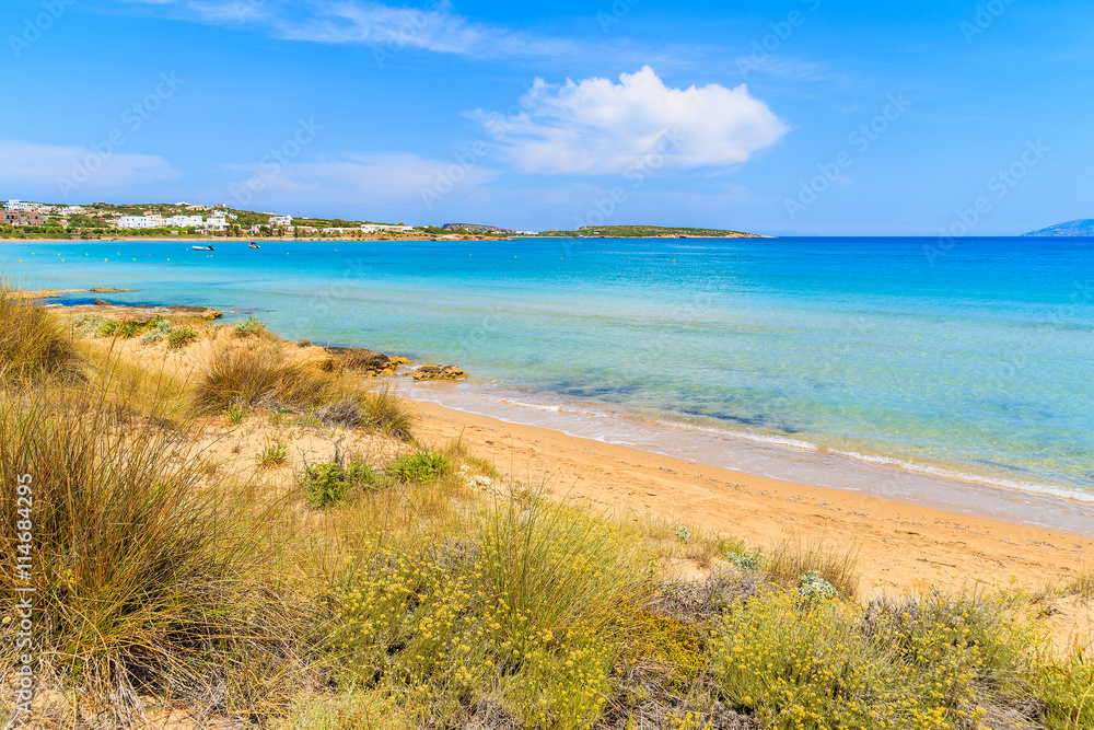 A view of beautiful sandy Santa Maria beach with turquoise sea water, Paros island, Greece