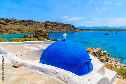 Blue dome of typical Greek church in Monastiri bay, Paros island, Greece
