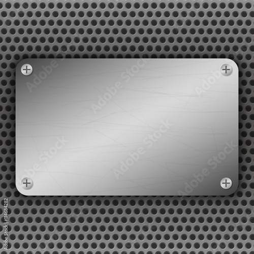 Perforated Metal Background with plate and rivets. Metallic grunge texture. Brushed Steel, iron, aluminum surface template. Abstract techno vector illustration.
