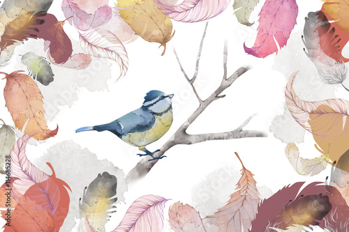 Kreatywna ilustracja i innowacyjna sztuka: ptak, pióro i liście, styl akwareli. Realistyczne zdjęcie sikorki.