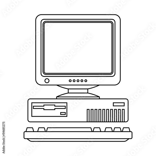 Retro Computer Icon with Keyboard and CRT Monitor. Outline version
