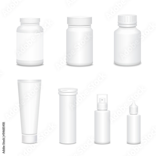 Medicine blank white bottles set for sprays and pills realistic isolated vector