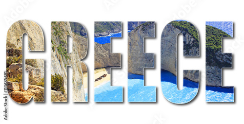 Greece text with photo navagio beach on white background.