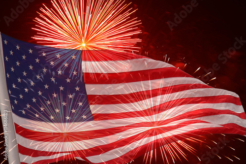 United States flag. Fireworks background for USA Independence Day. Fourth of July celebrate. 