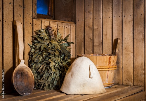 Accessories and interior of Finnish sauna