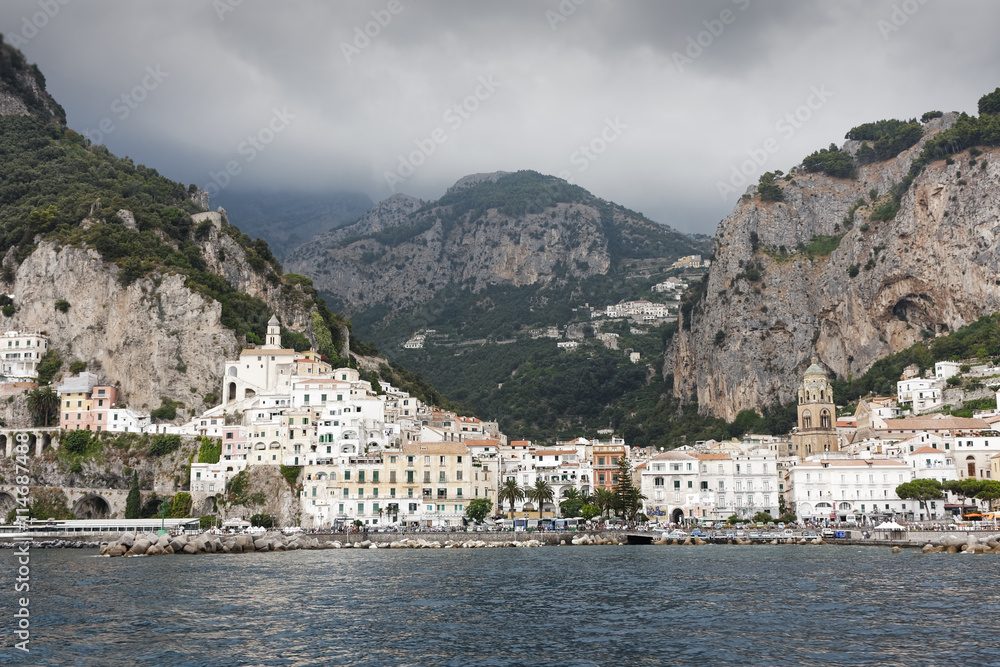 Approaching storm clouds threaten the little town of Maiori on the Amalfi Coast