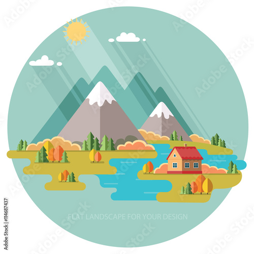 Autumn landscape. Vacation home on a background of mountains. Ve