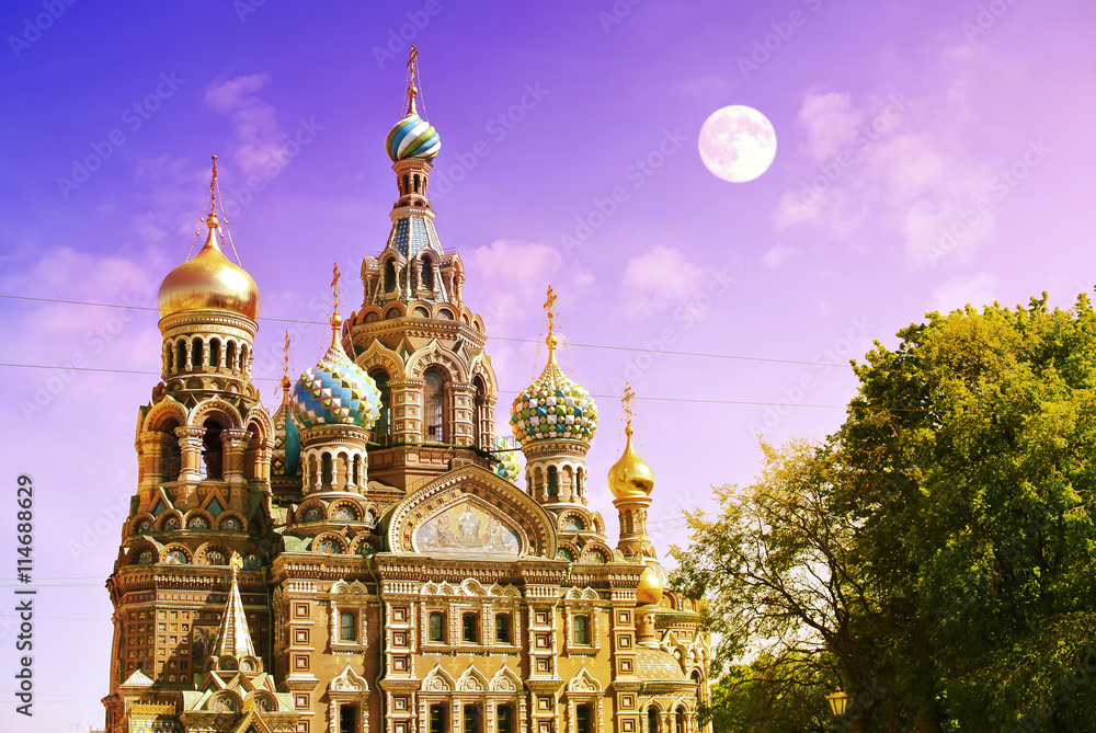 Church of the Saviour on Spilled Blood or Cathedral of the Resurrection of Christ at sunset during white night, St. Petersburg, Russia 