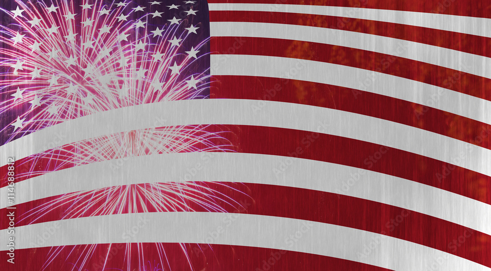 Fototapeta premium Celebratory fireworks and crowd of people on the background of the US flag. Independence day