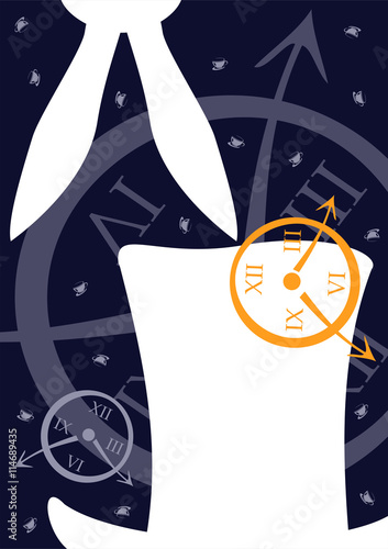 Alice in Wonderland. Clock, Mad hatter and white rabbit. Template for your design, background, vector illustration