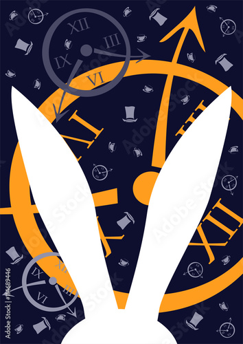 Alice in Wonderland. Clock and white rabbit.Template for your design, background,  vector illustration