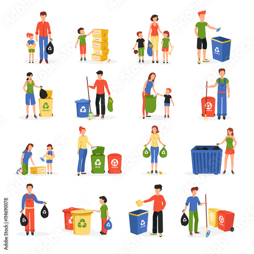People Recycling Waste Flat Icons Collection 