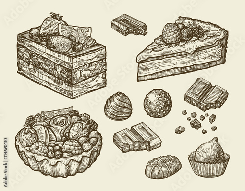 dessert, food. hand drawn cake, pastry, chocolate, pie, candy, sweet. sketch vector illustration