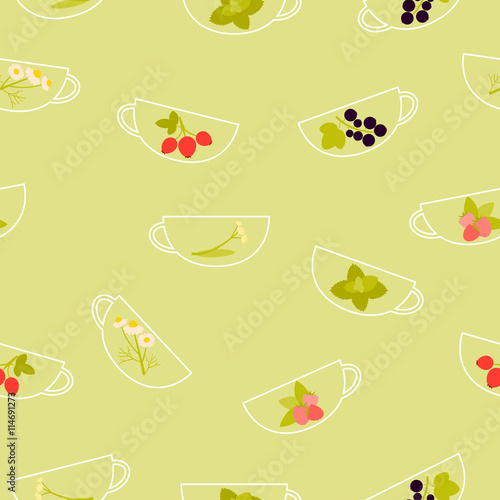 Background herbal tea. A cup with raspberry  chamomile  mint  linden  currant and rosehip. Vector illustration