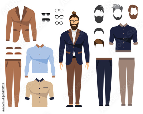 Man in office clothes, stylish uniform design. Set of Glasses, Hair Styles and Male Clothing. Flat Vector Illustration.