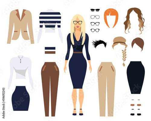 Woman in office clothes, stylish uniform design. Set of Glasses, Hair Styles and Female Clothing. Flat Vector Illustration.