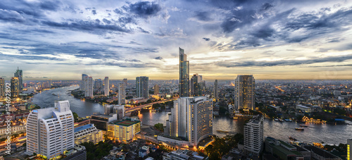 Bangkok city and Chao Phraya river panorama view