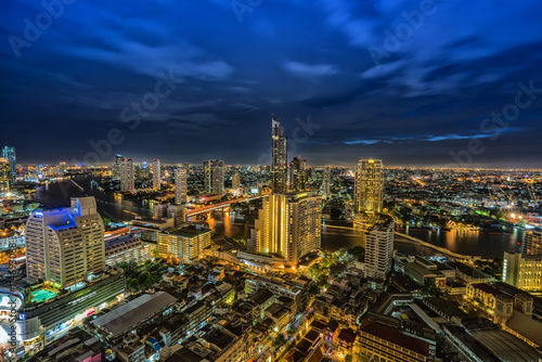 Bangkok city and Chao Phraya river in twilight time