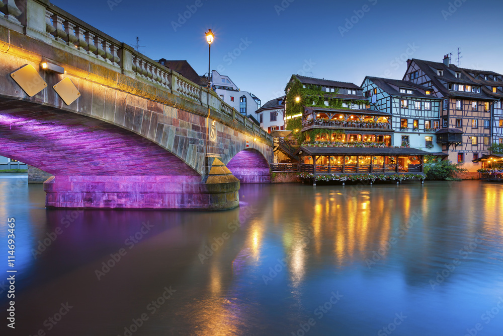 Strasbourg. Image of Strasbourg old town during twilight blue hour.